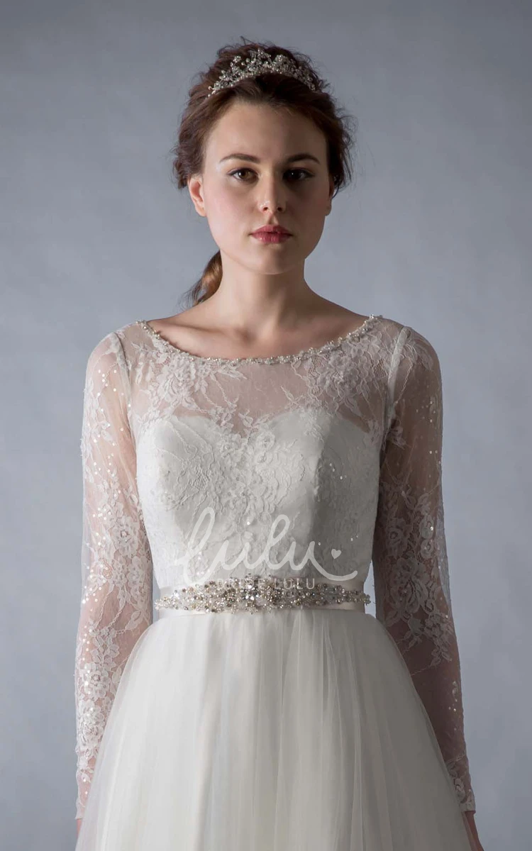 A-Line Tulle Wedding Dress with Lace Scoop Neck & Long Sleeve