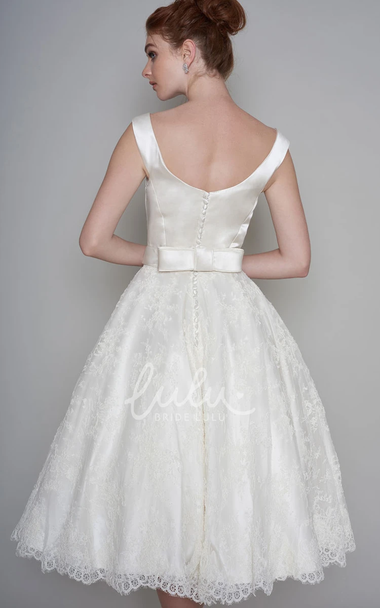 Satin Lace Off-Shoulder Low-V Back Tea-Length Bridal Gown