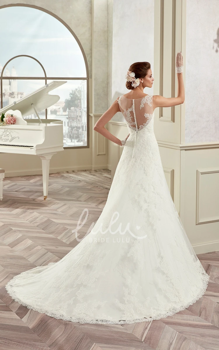 Lace Illusion Brush Train Cap Sleeve Wedding Dress