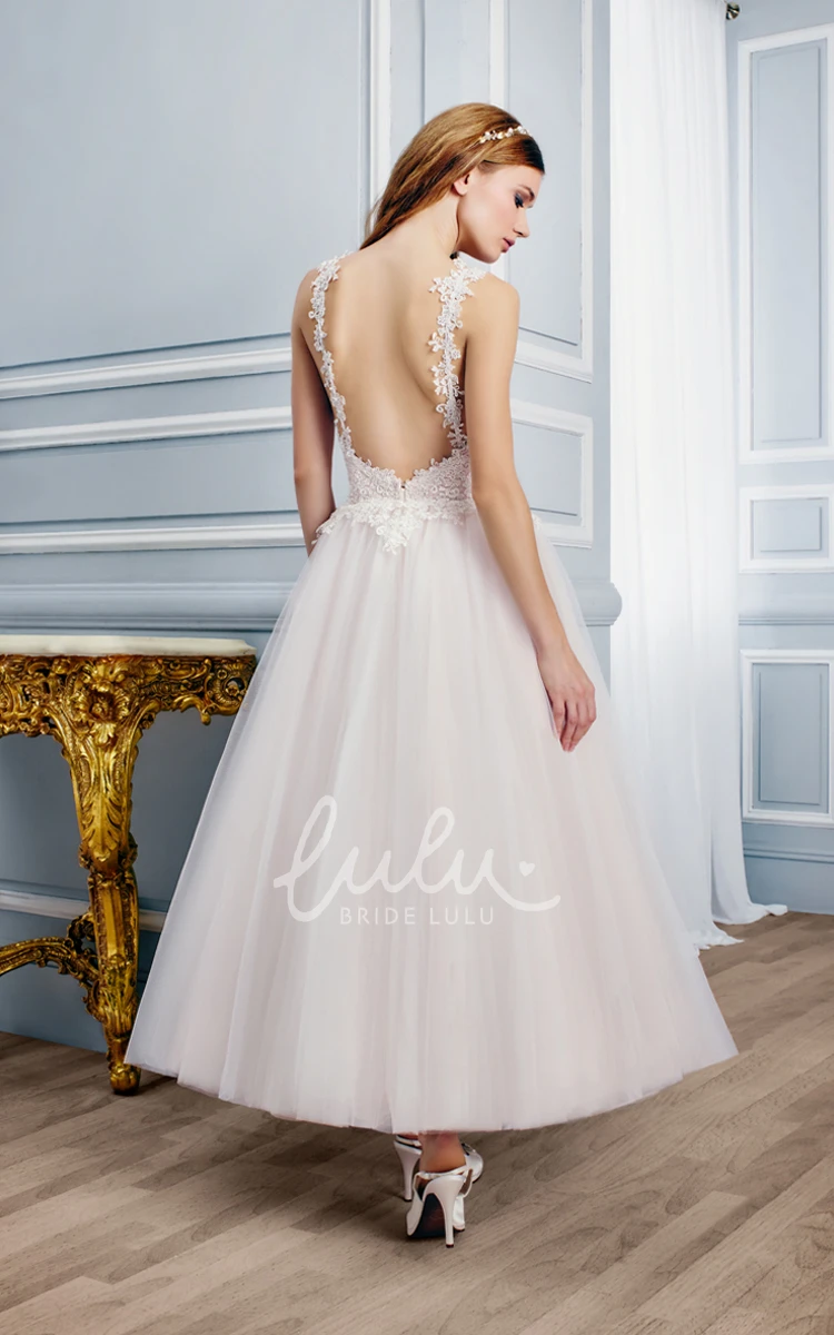 Sleeveless Appliqued V-Neck Tulle Wedding Dress Boho Ankle-Length Bridal Gown