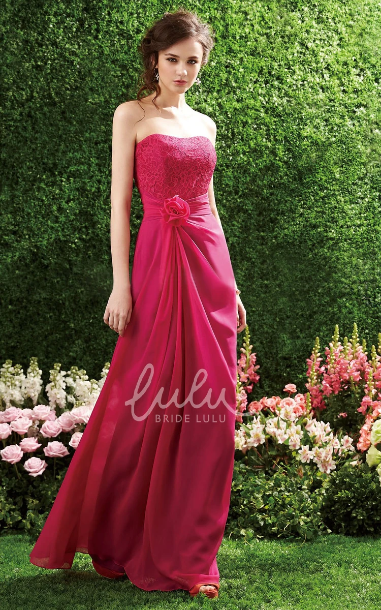 Chiffon Long Gown with Flower and Lace Bodice Strapless