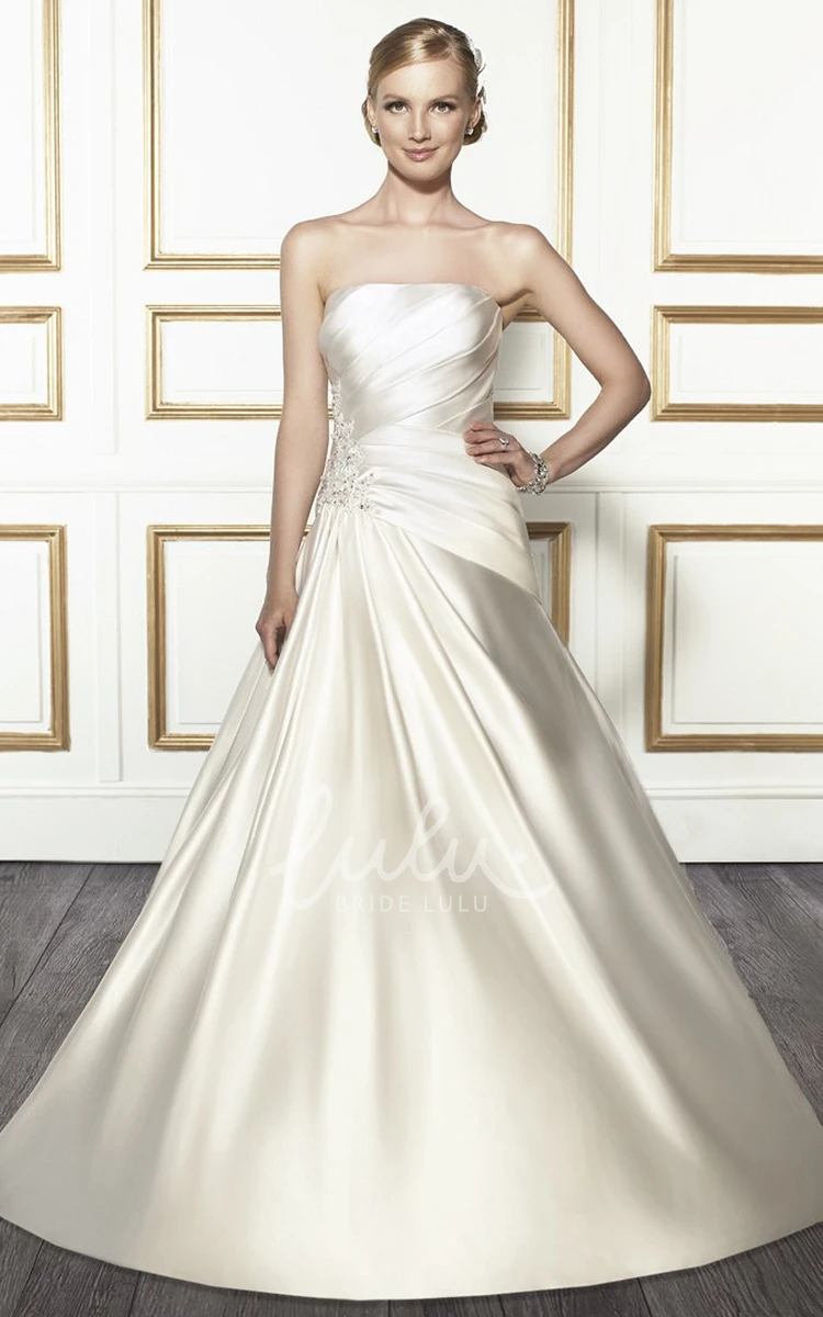 Strapless Satin Wedding Dress with Beading and Lace-Up Back A-Line Floor-Length Bridal Gown