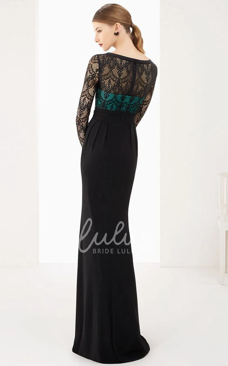 Lace Top Sheath Chiffon Prom Dress Long Sleeve Scoop Neck