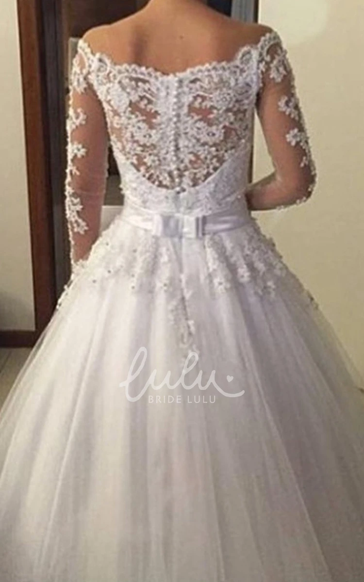 A-line Lace Gown with Long Sleeves Pleats and Bow Belt