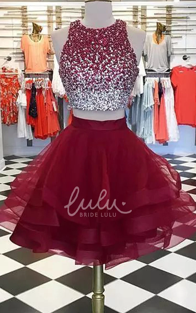 Two Piece High Neck Tulle Homecoming Dress Sleeveless Ruffled Beaded Mini