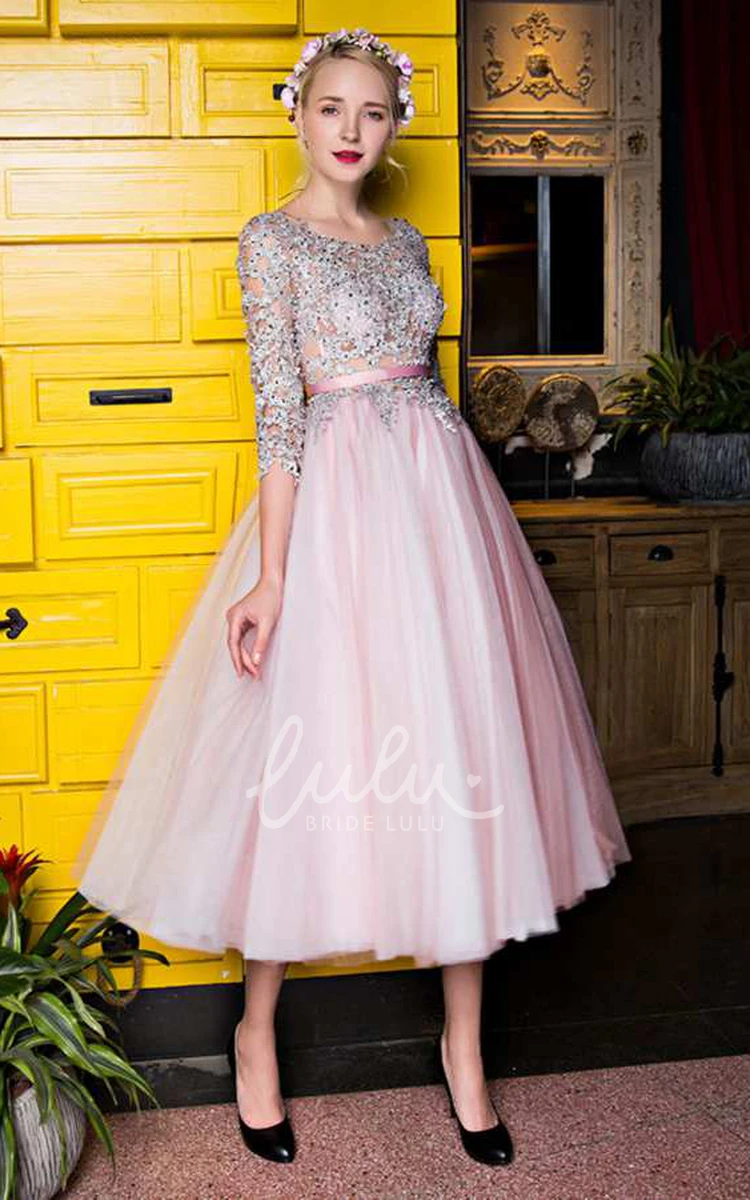 Tea Length Tulle Dress with Lace Sleeves Scoop Neck & 3-4 Sleeves