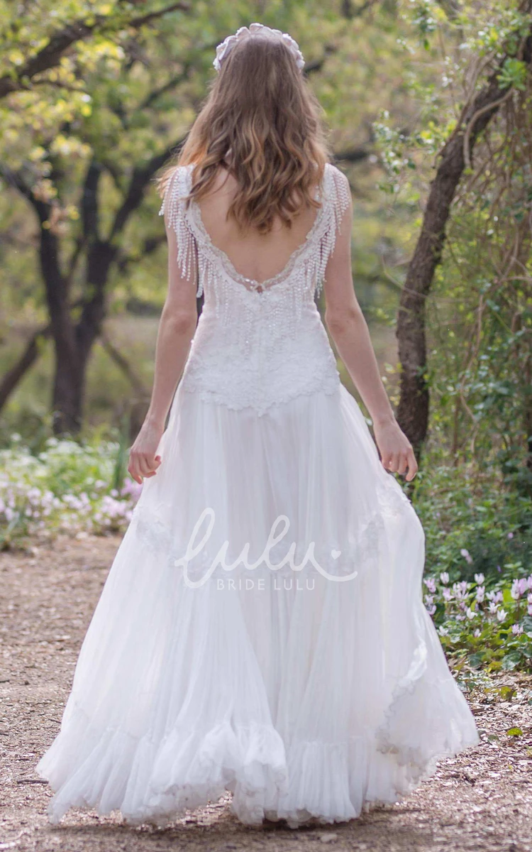 A-Line Wedding Dress with Plunging Neckline Pleats Appliques and Beading Unique Bridal Gown