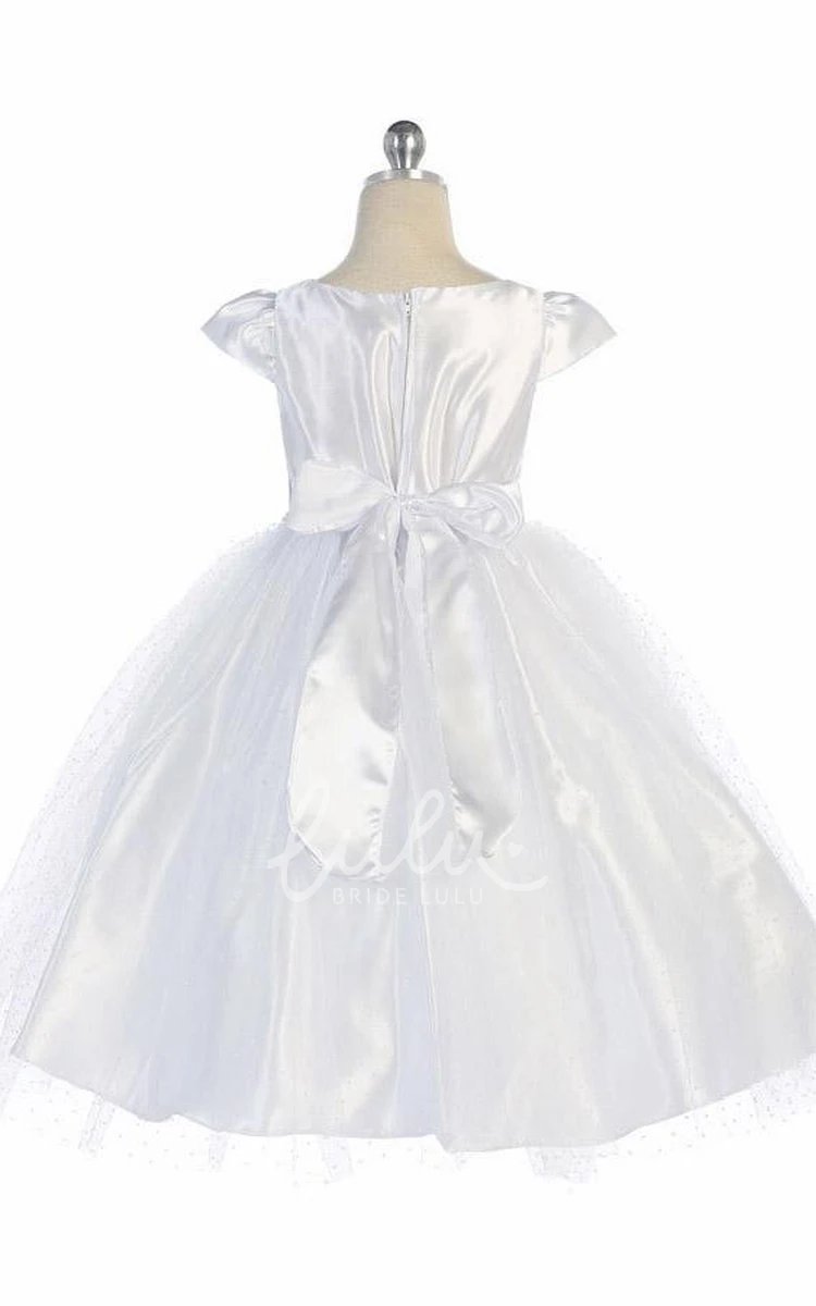 Cap-Sleeve Beaded Tulle&Satin Floral Girl Dress Tea-Length Dress