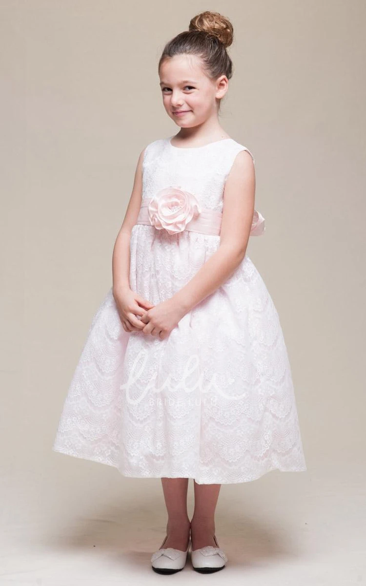 Ribboned Tea-Length Beaded Lace Flower Girl Dress with Floral Pattern