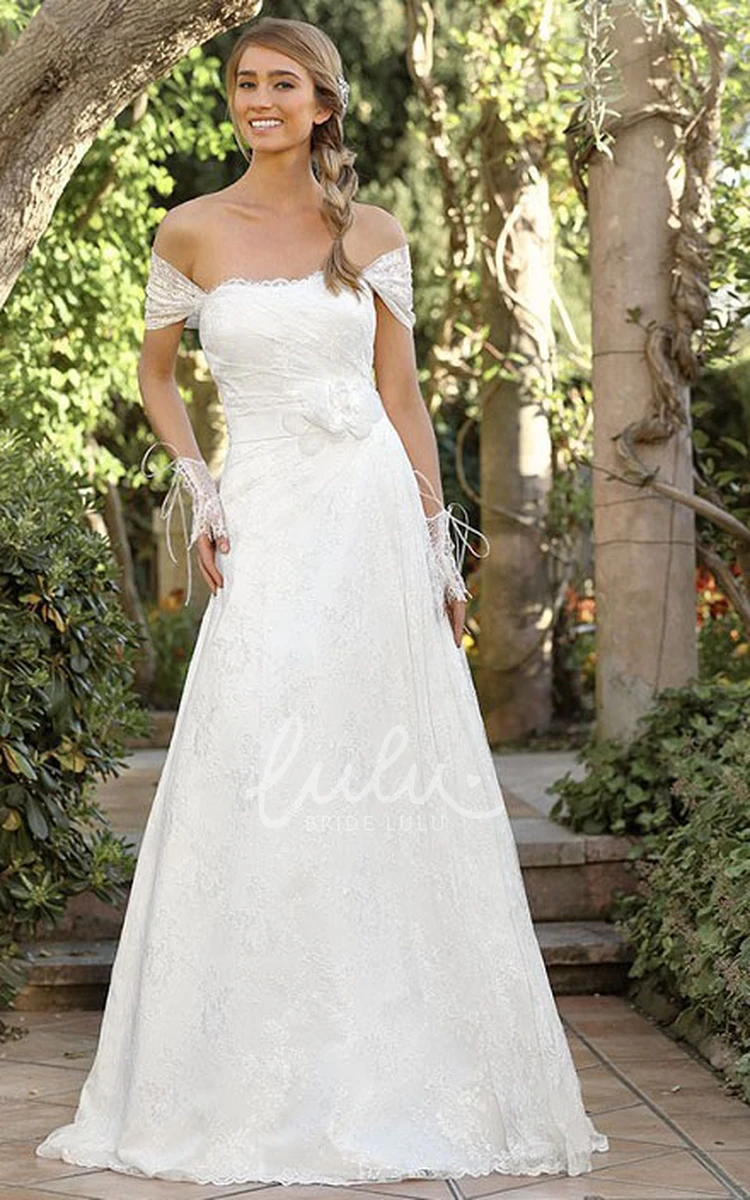 Off-The-Shoulder A-Line Lace Wedding Dress with Appliques and Flower Romantic Bridal Gown