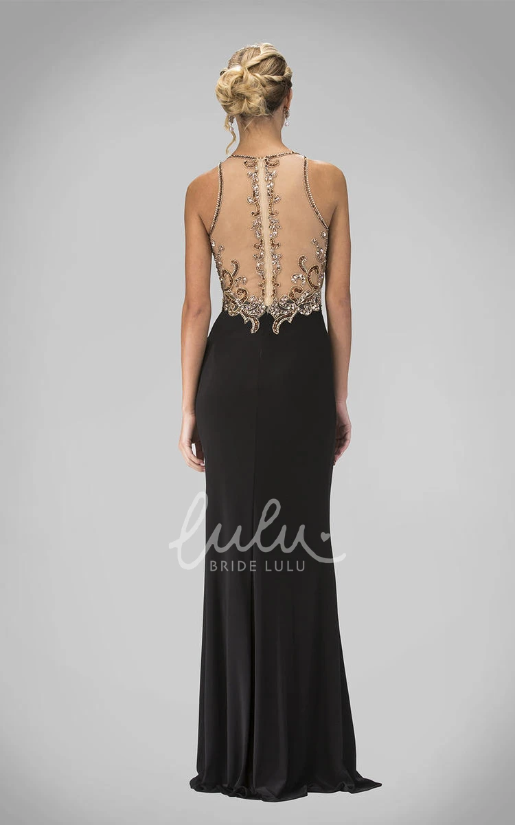 Illusion Scoop-Neck Sheath Jersey Prom Dress with Beading