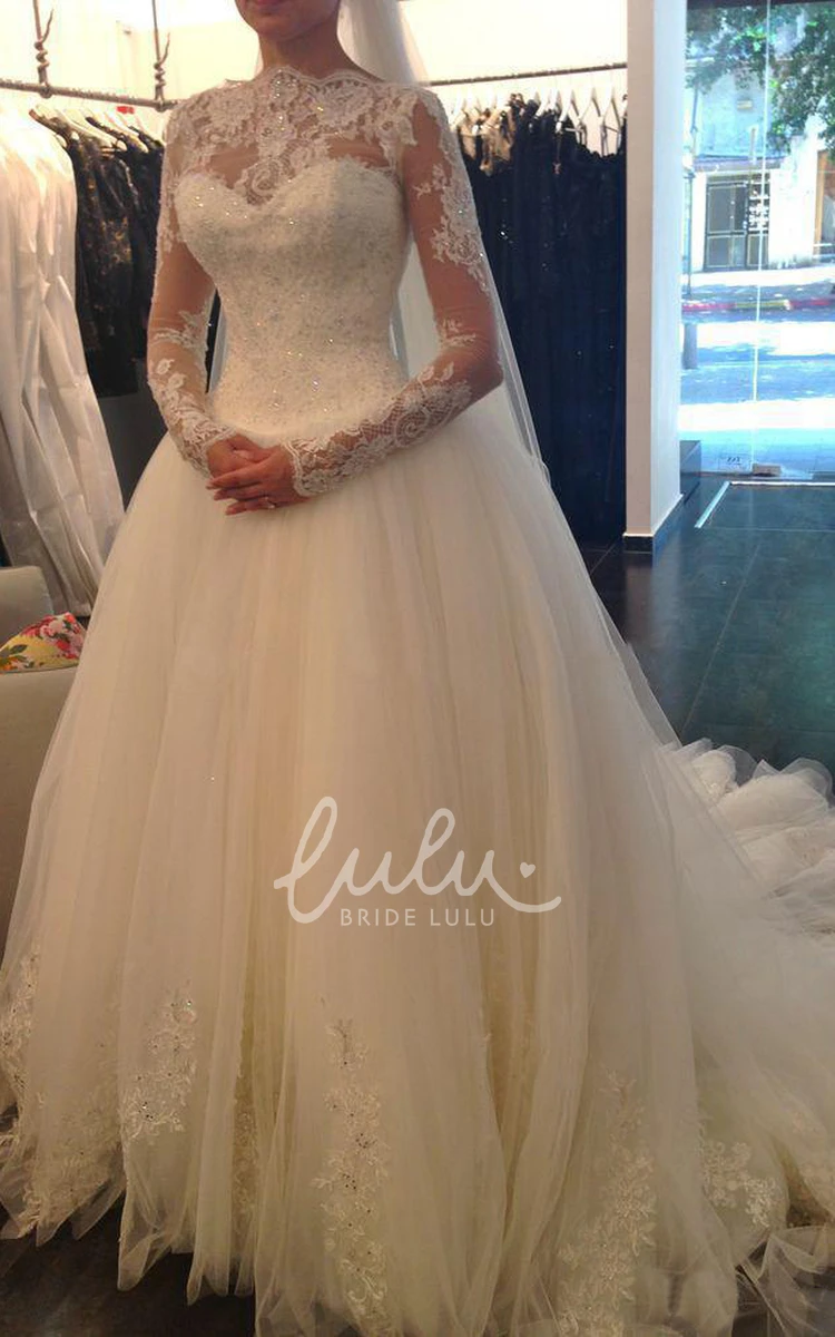 Tulle Lace A-Line Wedding Dress with High Neck and Bell Sleeves