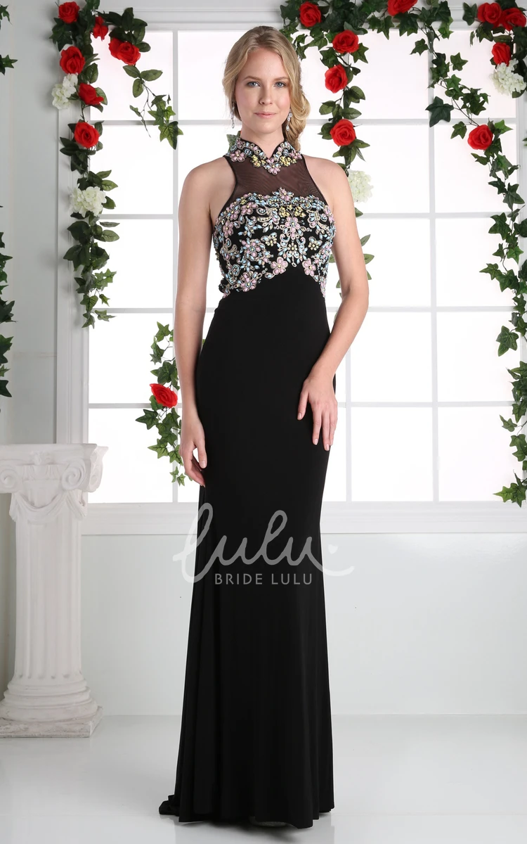 Sleeveless Jersey Illusion Formal Dress With Beading and Keyhole