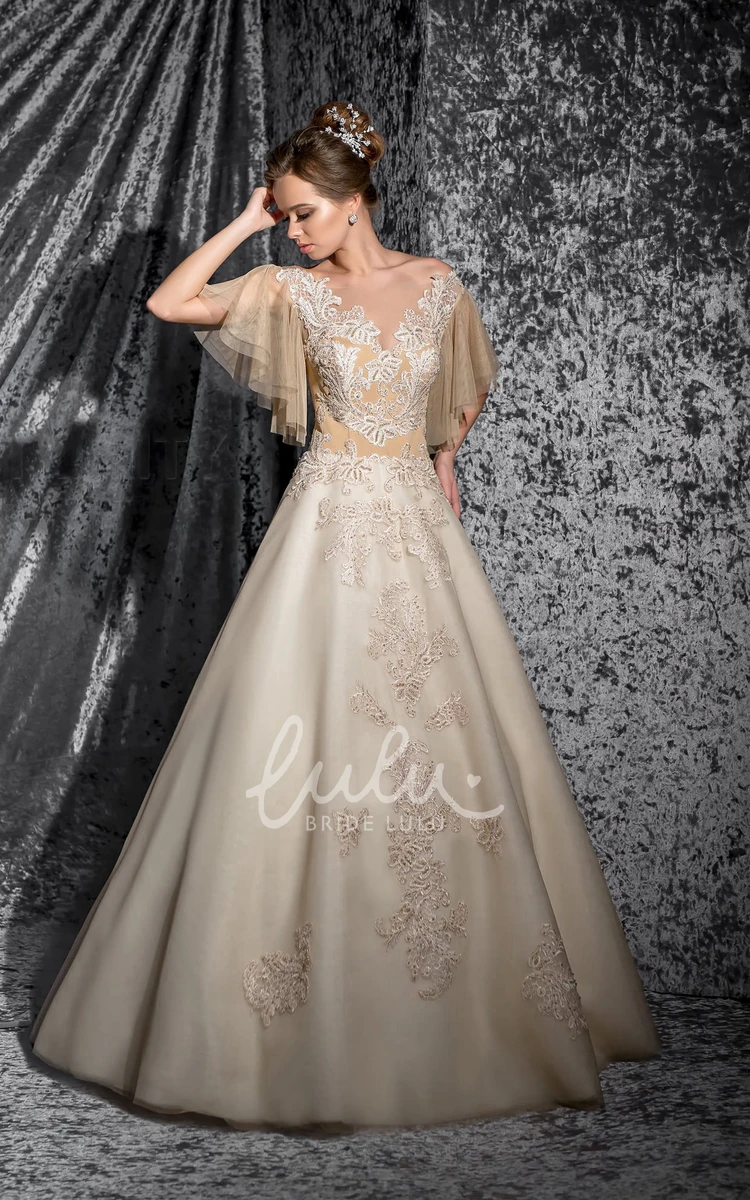 Organza A-Line Wedding Dress with Poet Sleeves and Keyhole Appliques