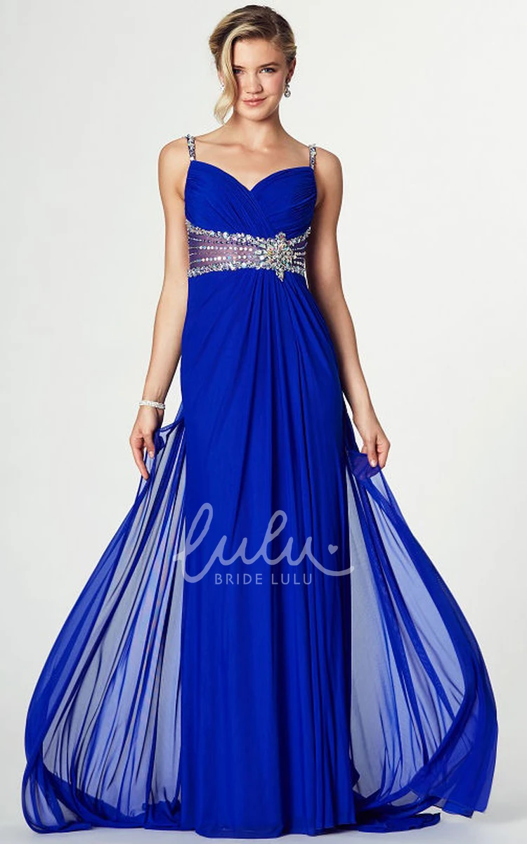 A-Line Floor-Length Chiffon Prom Dress with Jeweled Spaghetti Straps Flowy Prom Dress with Low-V Back