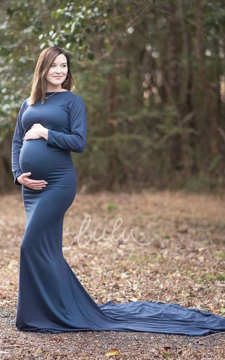 Sweep Train A-Line Maternity Dress with Long Sleeves and Empire Waist