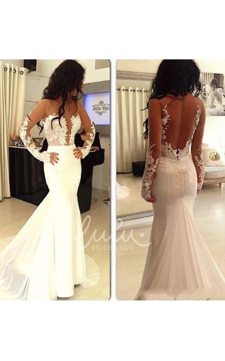 Chiffon Lace Scoop Mermaid Trumpet Dress with Illusion Long Sleeves