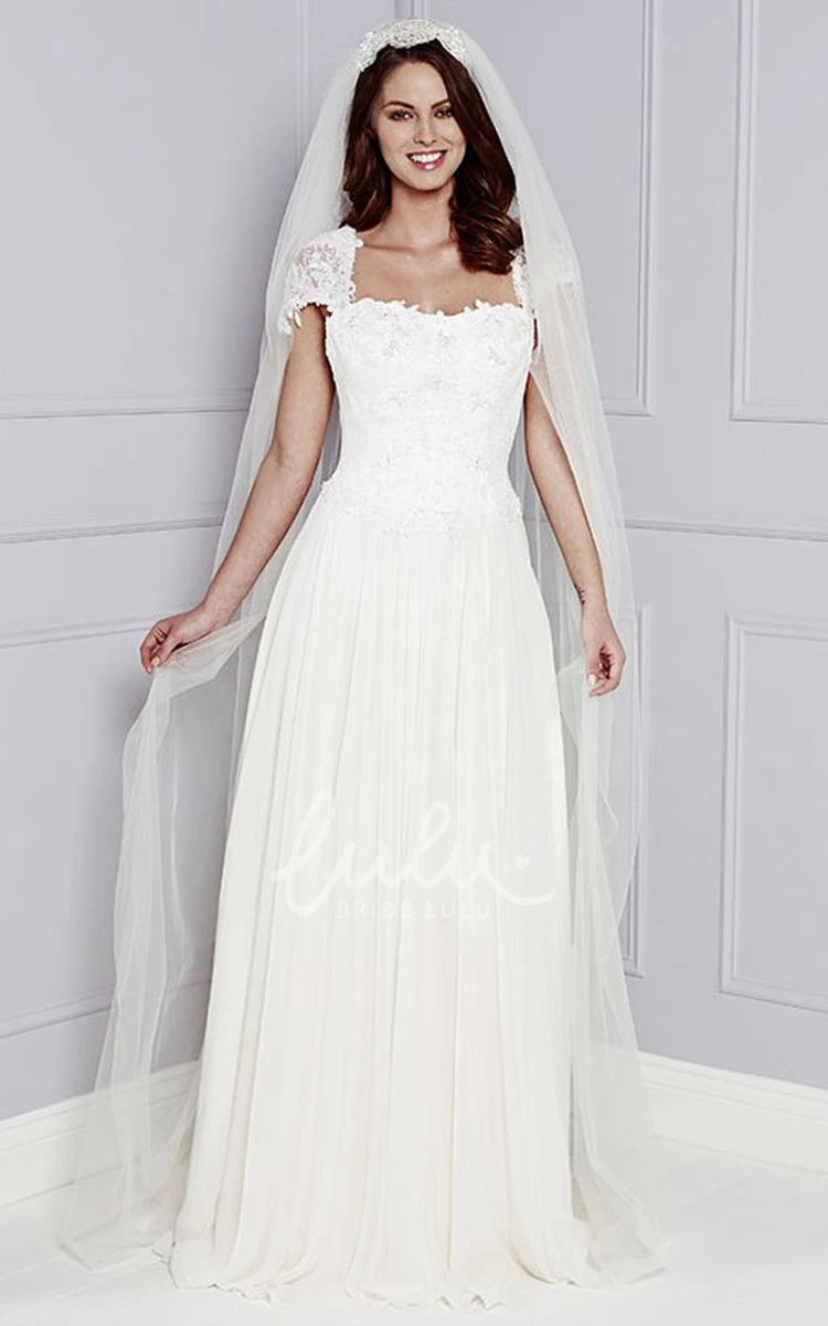 Square-Neck Lace and Chiffon Wedding Dress with Pleated Floor-Length Skirt