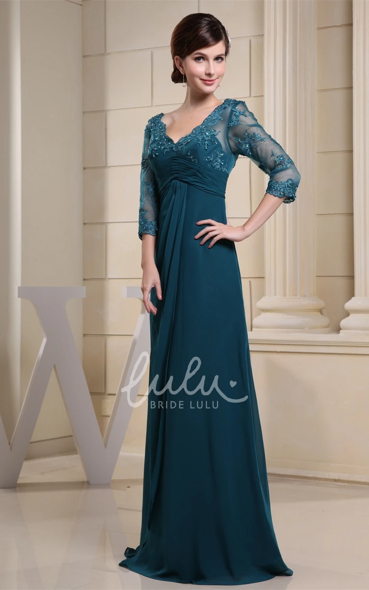 Empire Floor-Length Formal Dress with V-Neck Appliques and Illusion Sleeves