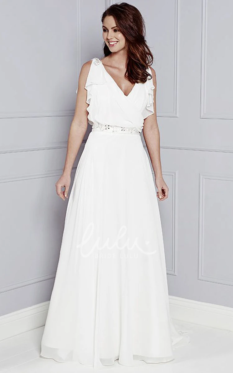 Maxi Chiffon V-Neck Wedding Dress with Beading Draping and V Back