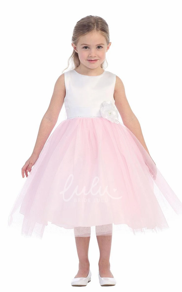 Tiered Tulle&Satin Floral Tea-Length Flower Girl Dress With Embroidery Unique Dress for Girls