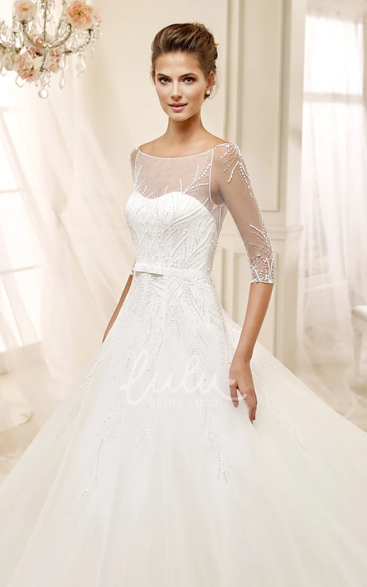 Illusive A-line Wedding Dress with Brush Train and Half Sleeves Modern Wedding Dress Women