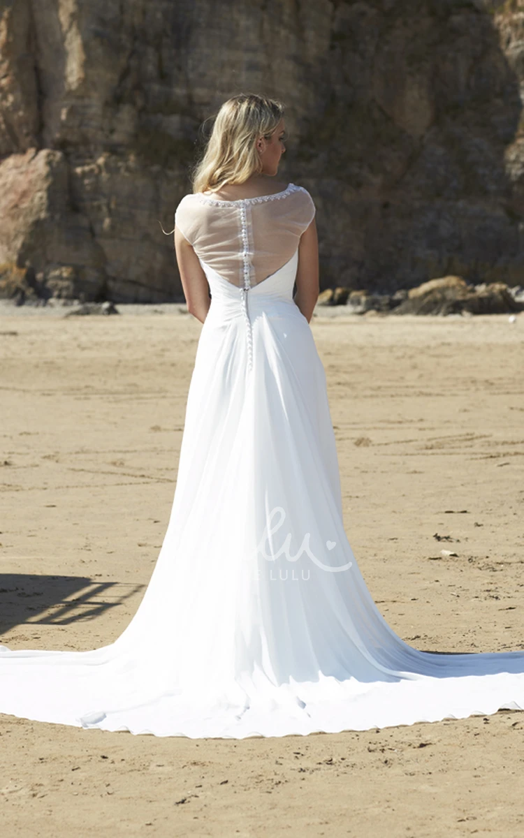 Chiffon A-Line Wedding Dress with Cap Sleeves and Illusion Beading