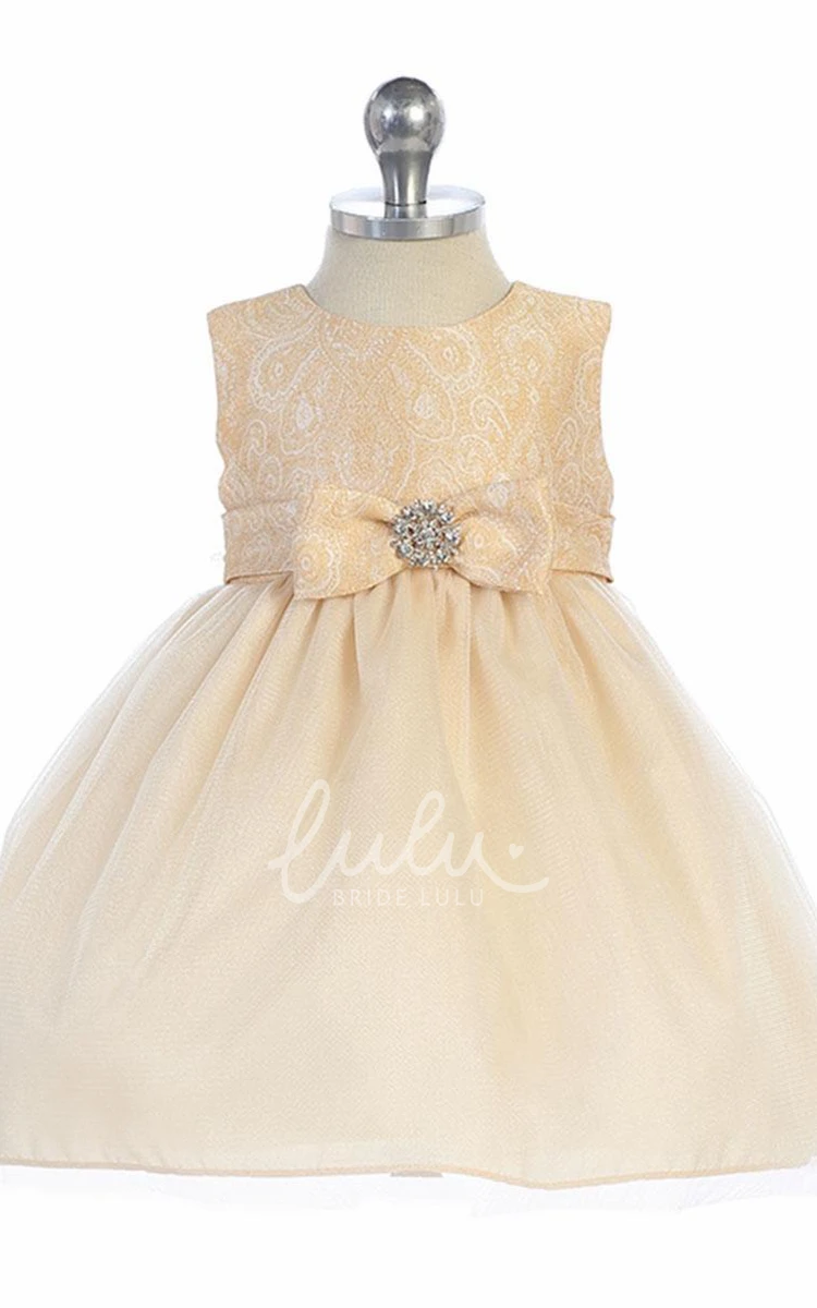 Bowed Tulle and Satin Tea-Length Flower Girl Dress with Tiered Skirt