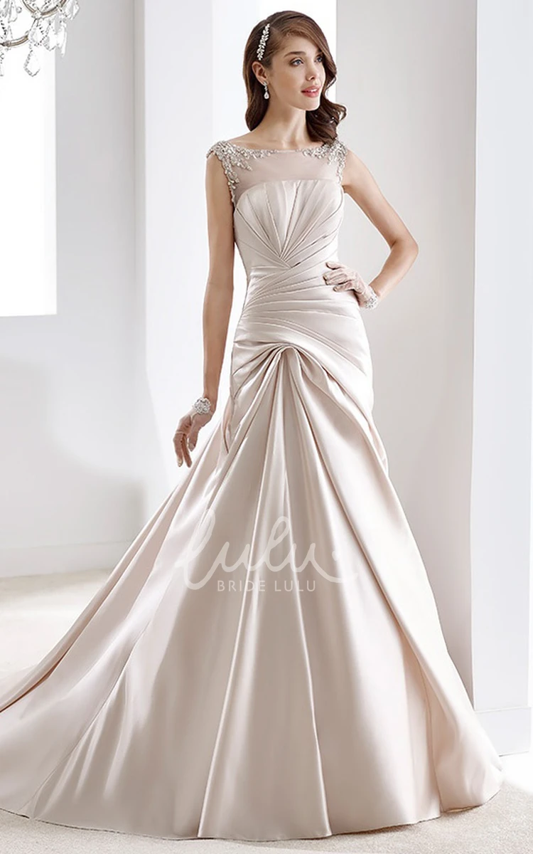 Beaded Satin Gown with Cap Sleeves Pleated Design and Illusive Neckline/Back Elegant Wedding Dress