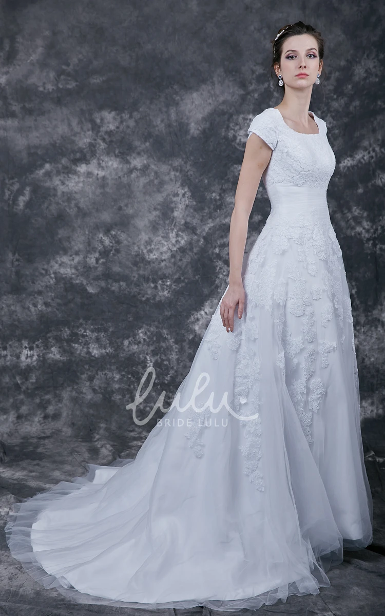 Modest Lace Cap Sleeve Wedding Dress with Court Train in Vintage Style