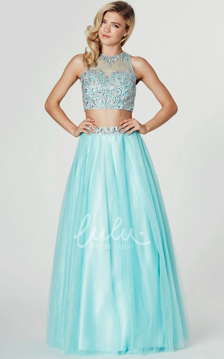 High Neck Sleeveless Beaded Tulle Prom Dress with Illusion Back A-Line