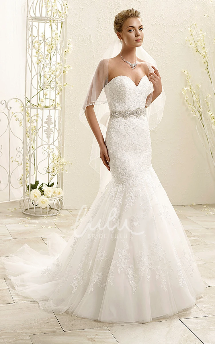 Jeweled Sweetheart Mermaid Lace Wedding Dress with Sweep Train Unique Bridal Gown