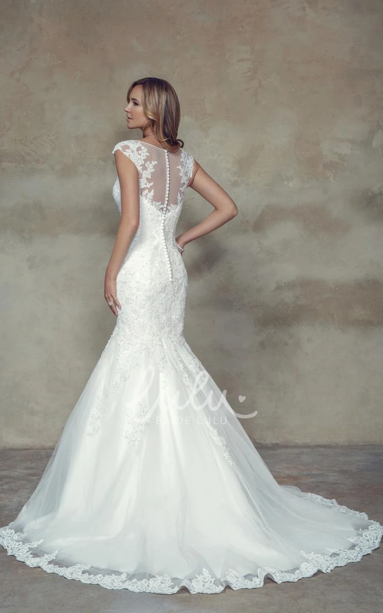 Jeweled Lace Wedding Dress with Illusion Cap-Sleeves and Scoop-Neck Trumpet Maxi