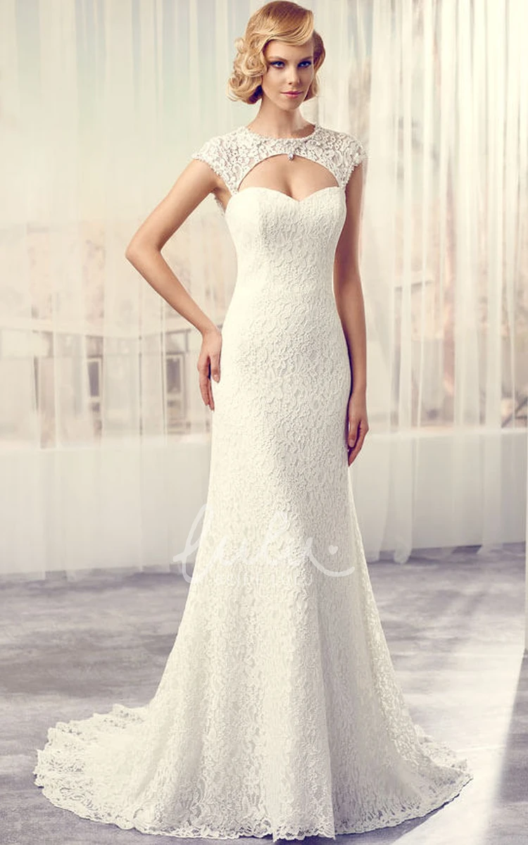 Cap-Sleeve Lace Wedding Dress with Keyhole Back and Court Train Classy Bridal Gown