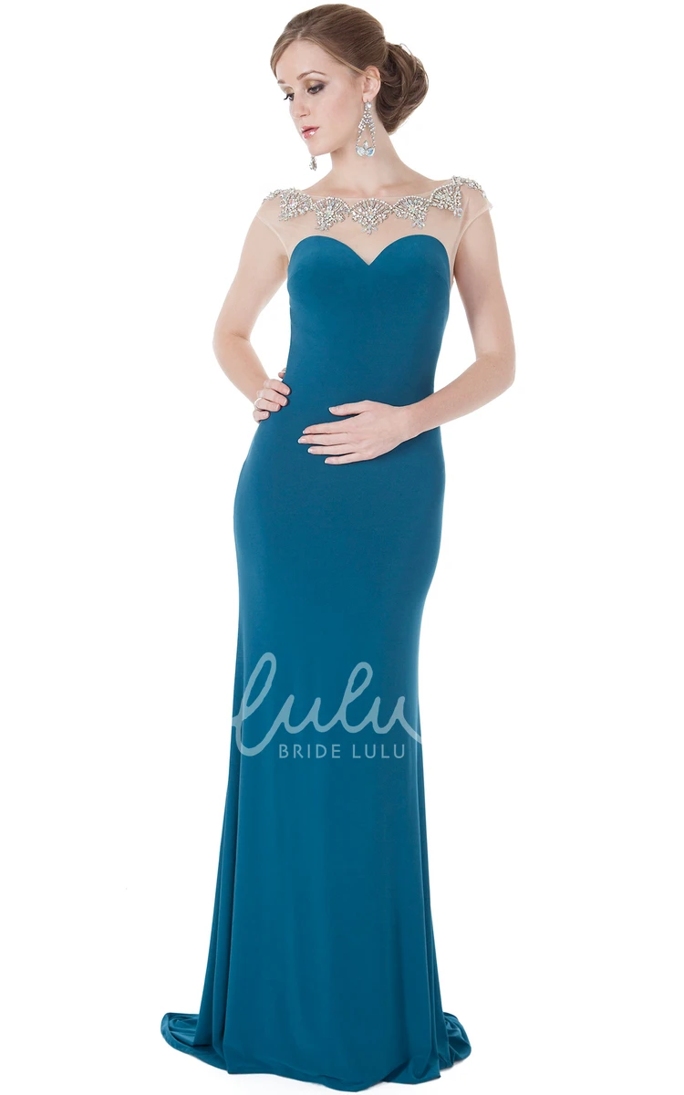 Sleeveless Beaded Bateau-Neck Sheath Evening Dress with Floor-Length Jersey