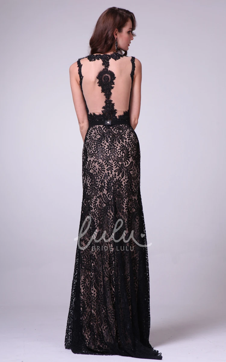 Jewel-Neck Lace Illusion Sheath Dress with Split Front for Prom