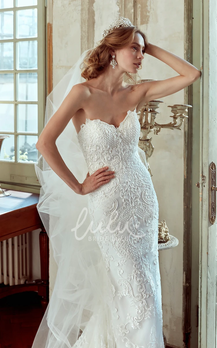 Lace Applique Sheath Wedding Dress with Court Train Romantic Bridal Gown