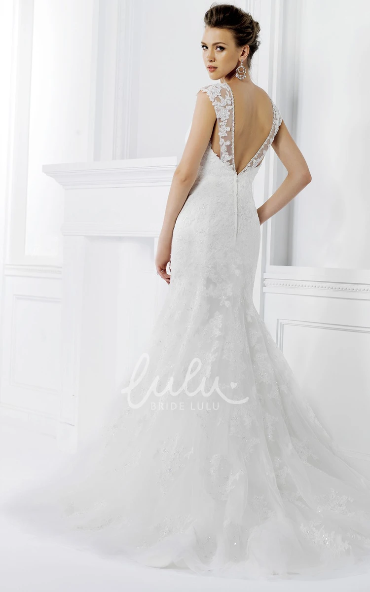 Beaded Illusion Neck Cap-Sleeved Mermaid Wedding Dress Low V-Back and Glamorous