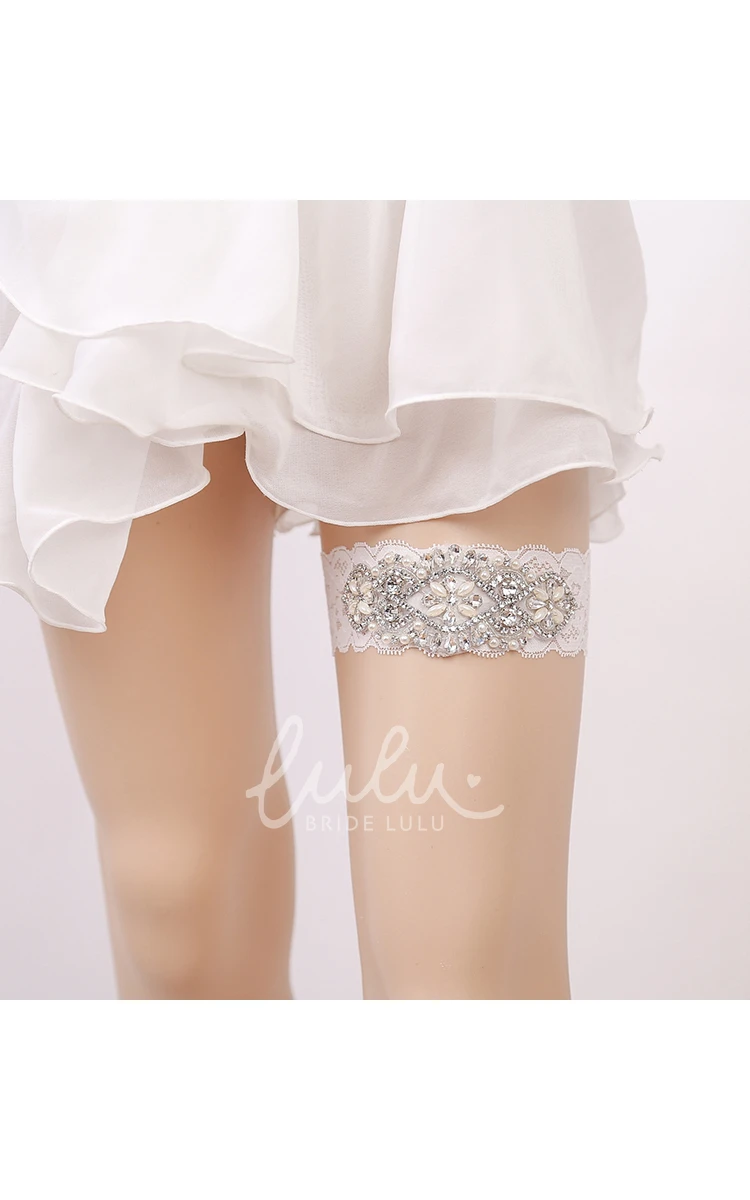 White Princess Style Lace Rhinestone Garter Grip Handmade 16-23inch