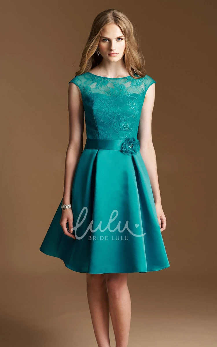 Knee-length A-line Dress with Lace Bodice and Flower Bridesmaid Dress