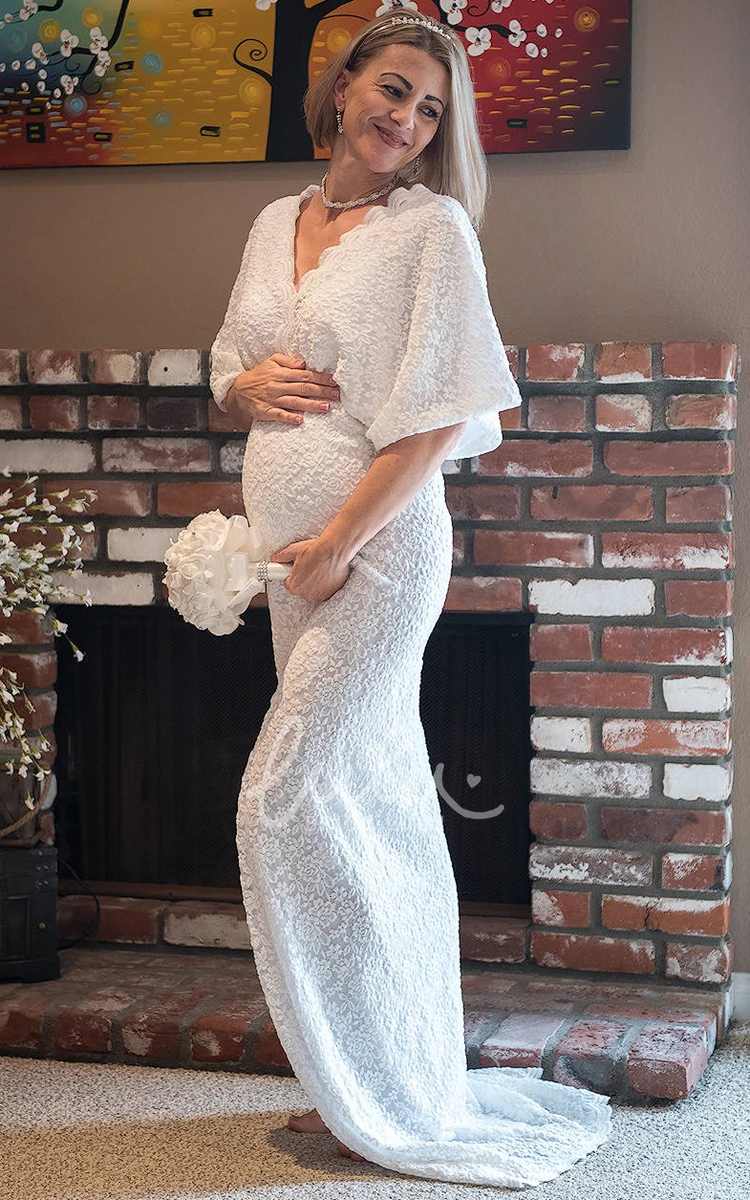 3/4 Sleeve Sheath Maternity Wedding Dress with Sweep Train and Empire Waist