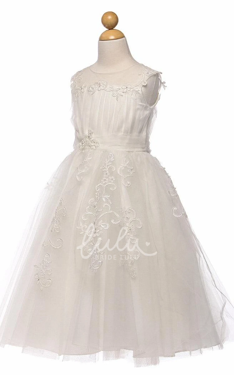 Embroidered Tulle Flower Girl Dress with Split Front Tea-Length