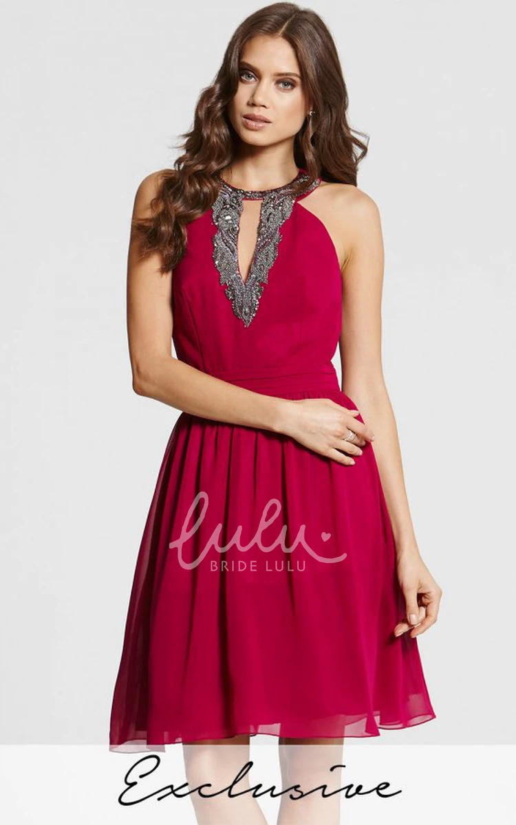 Beaded Chiffon Bridesmaid Dress A-Line Mini Dress with Sleeveless Scoop Neck