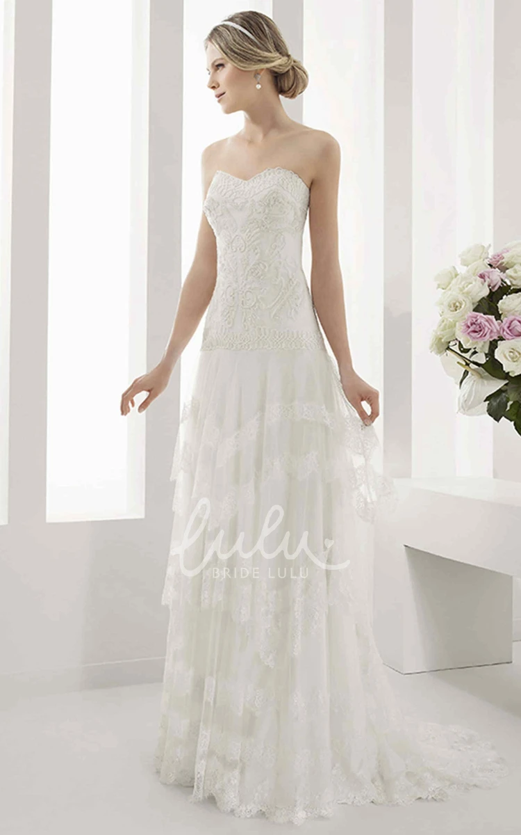 A-Line Tulle Gown with Sweetheart Drop Waist Embroidered Bodice and Layered Skirt Beautiful Wedding Dress