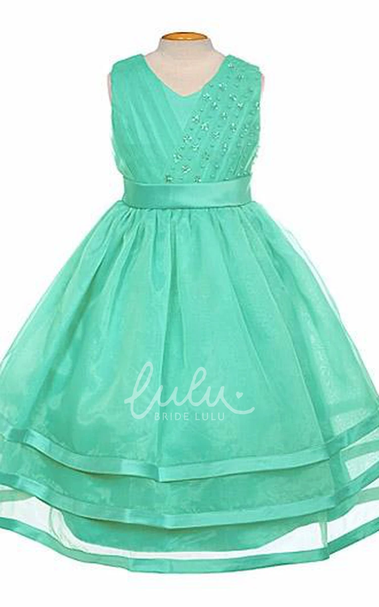 V-Neck Organza and Satin Flower Girl Dress with Tiered Pleated Skirt and Sash