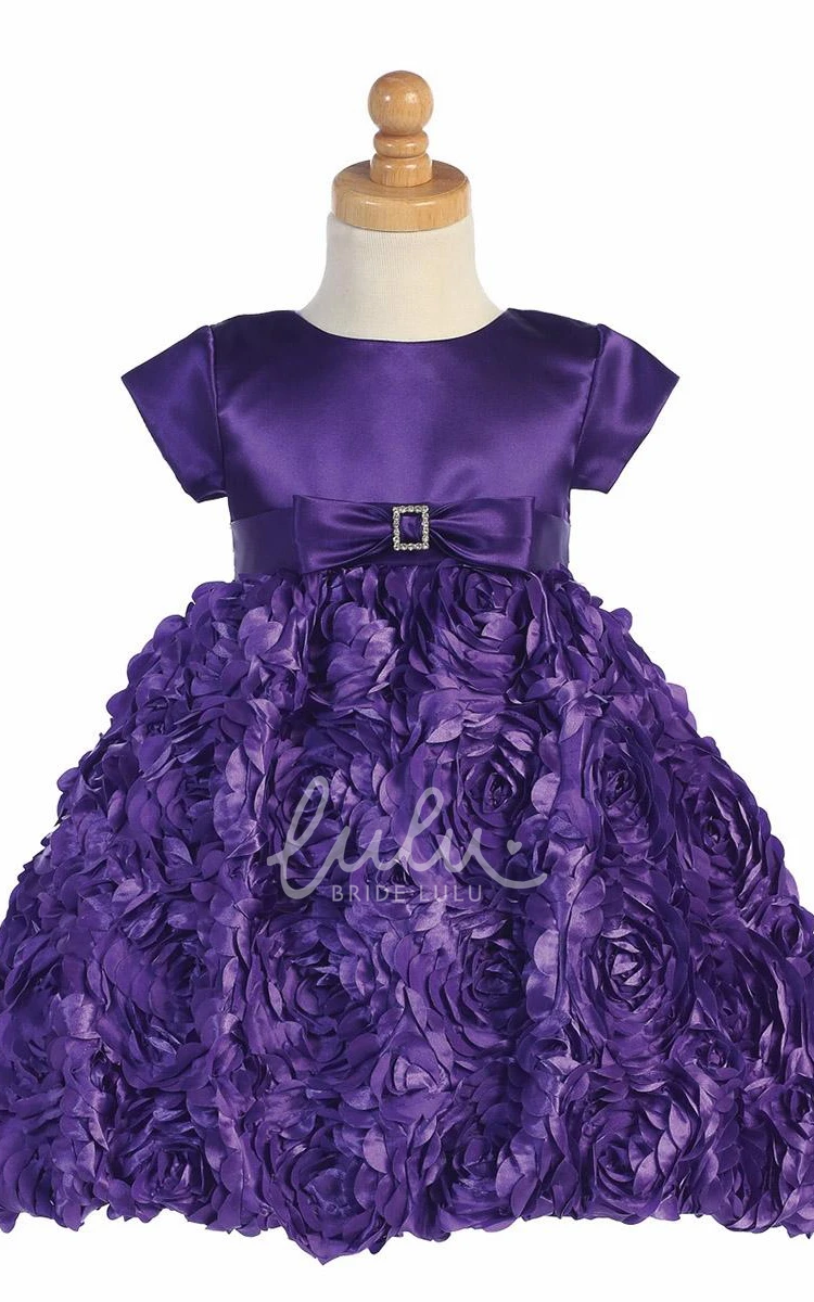 Satin Floral Tea-Length Flower Girl Dress with Bow and Ribbon Modern Bridesmaid Dress