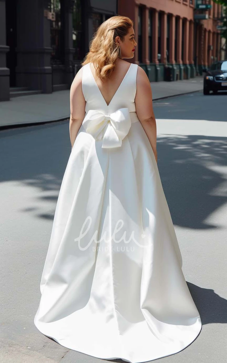 2025 Plus Size A-Line Satin Wedding Dress V-neck Simple Ethereal Sweep Train