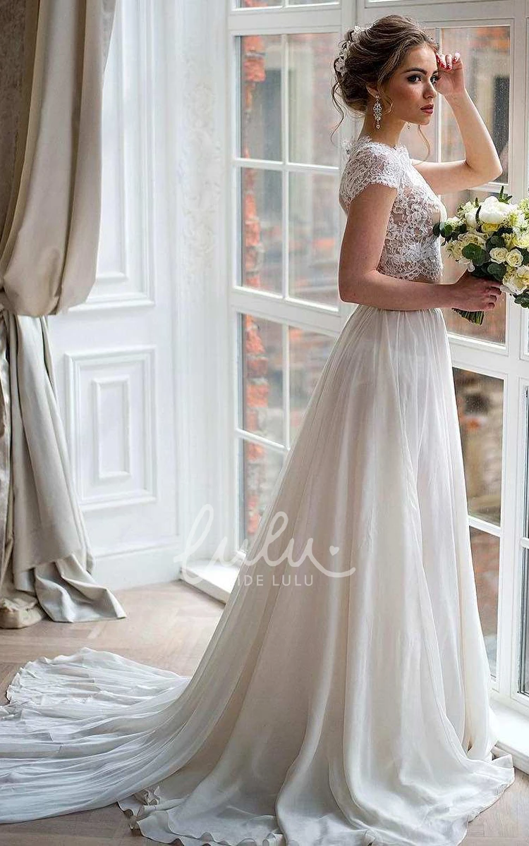 Lace Top Two-Piece Chiffon Wedding Dress with Short Sleeves