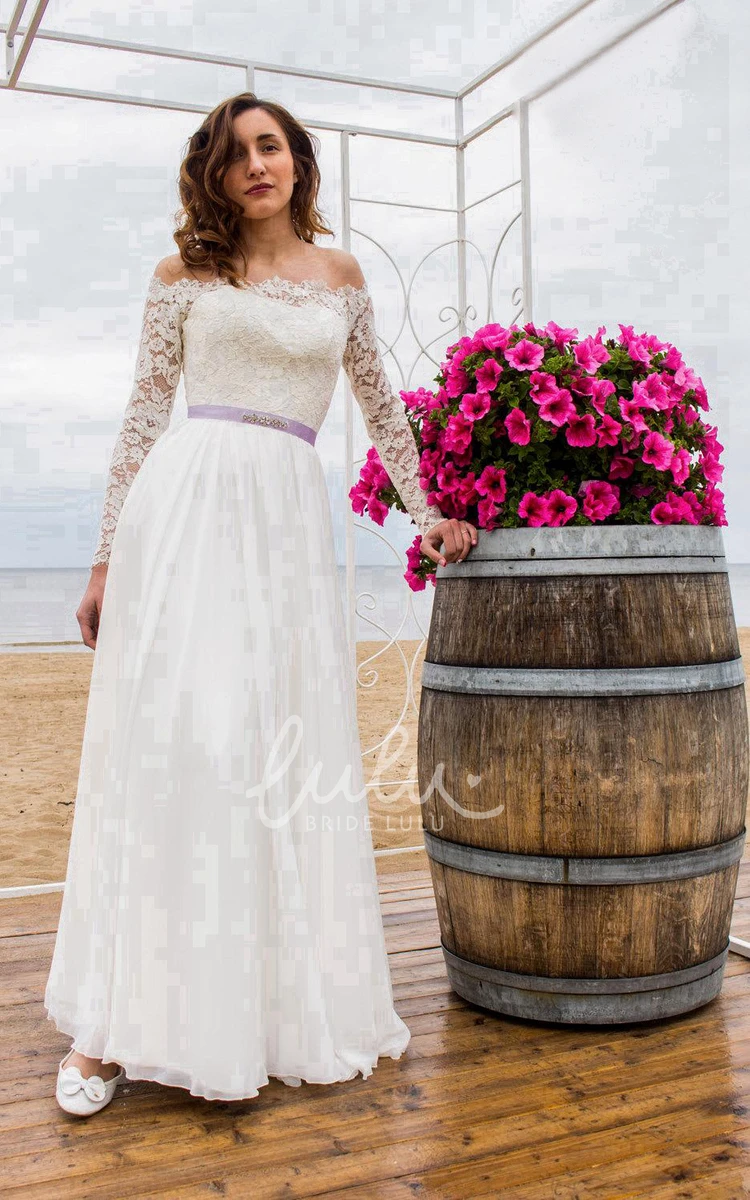 Long Sleeve Wedding Dress Off-Shoulder Chiffon Skirt Sheer Back Modern