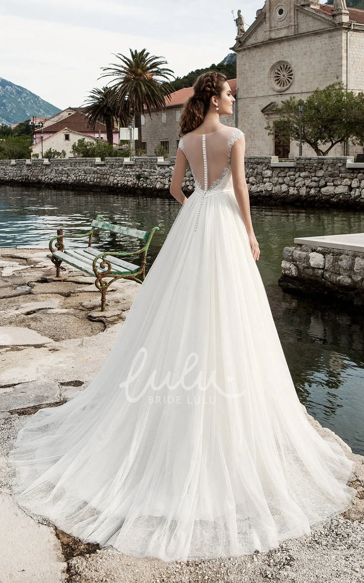 Illusion Tulle A-Line Wedding Dress with Jewel Neck and Cap Sleeves